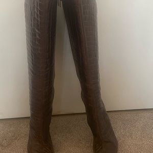 Brown alligator style vegan leather knee high boots